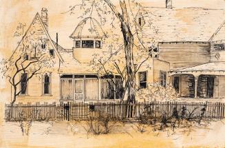 An illustration of a residential house, with trees and a picket fence in front of it.