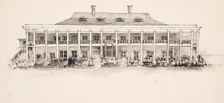 An illustration of a large three story clubhouse, with vertical columns supporting the roof, a  ...