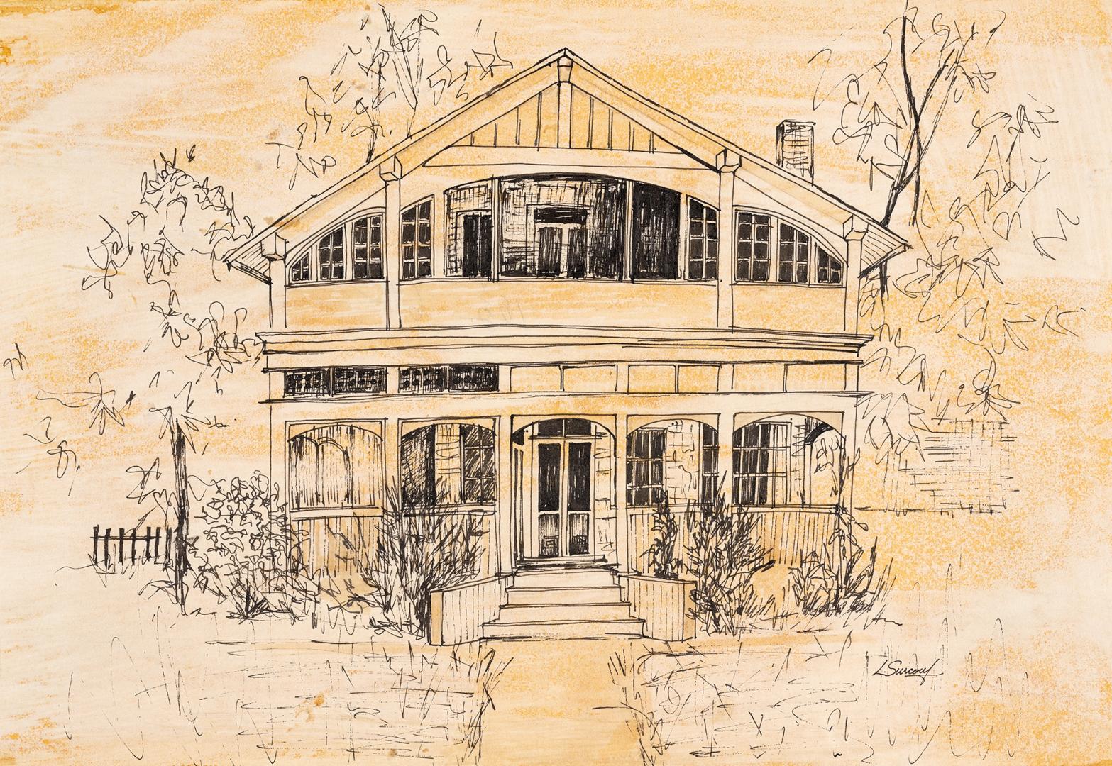 An illustration of a two story residential house, with a railing and porch on the first floor a ...