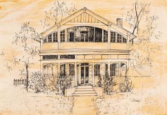 An illustration of a two story residential house, with a railing and porch on the first floor a ...