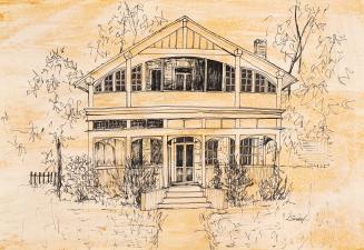 An illustration of a two story residential house, with a railing and porch on the first floor a…