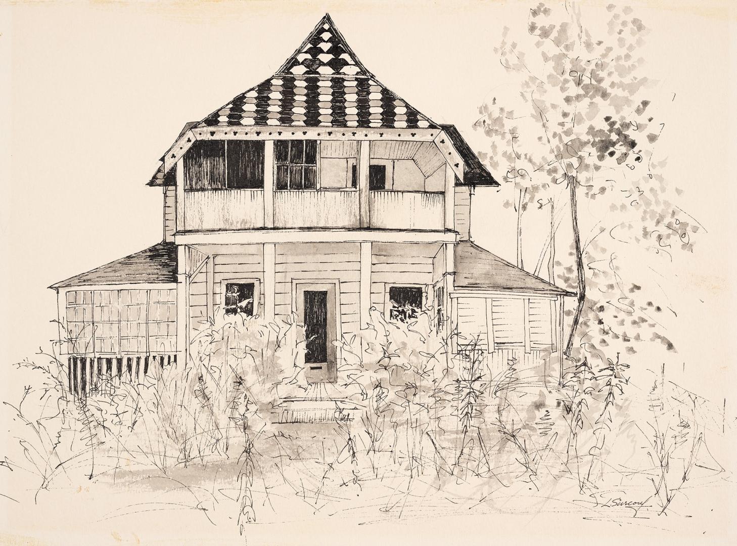 An illustration of a two story residential house, with a tiled, pointed roof and vertical colum…