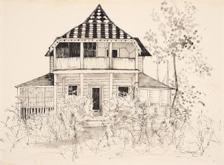 An illustration of a two story residential house, with a tiled, pointed roof and vertical colum…