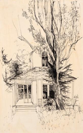 An illustration of a residential house, with a large tree in front of the right side of the hou…