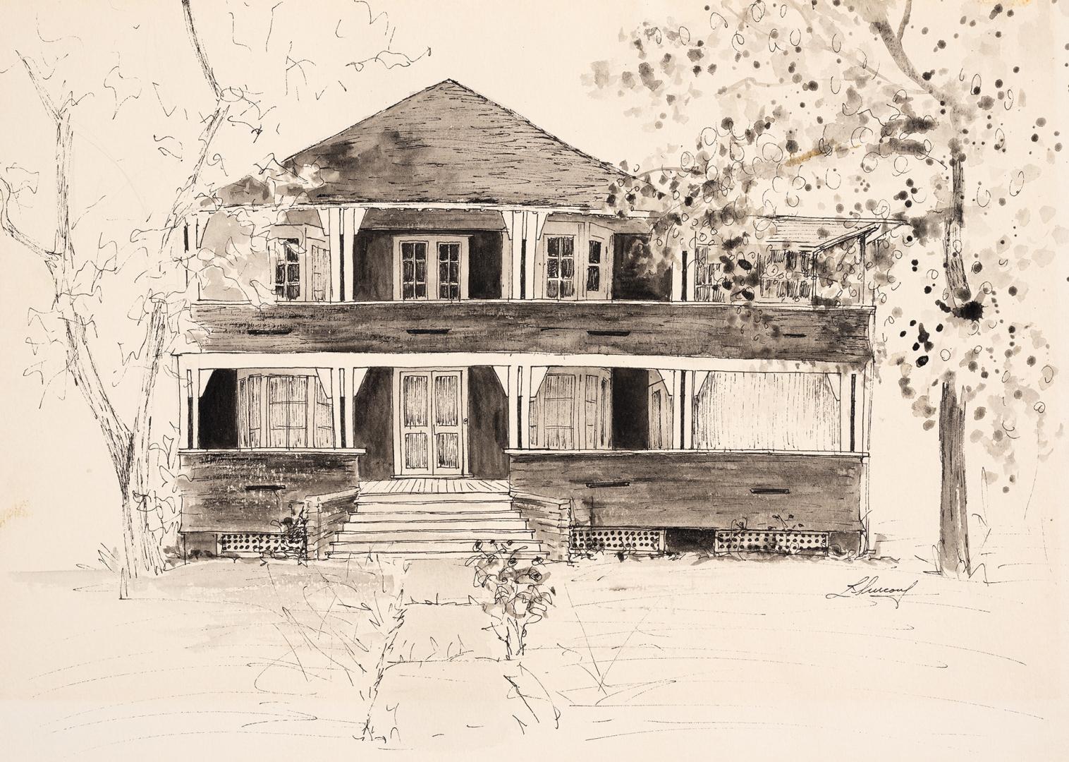 An illustration of a two story residential house, with a covered porch and balcony on the first…