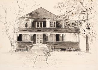 An illustration of a two story residential house, with a covered porch and balcony on the first…