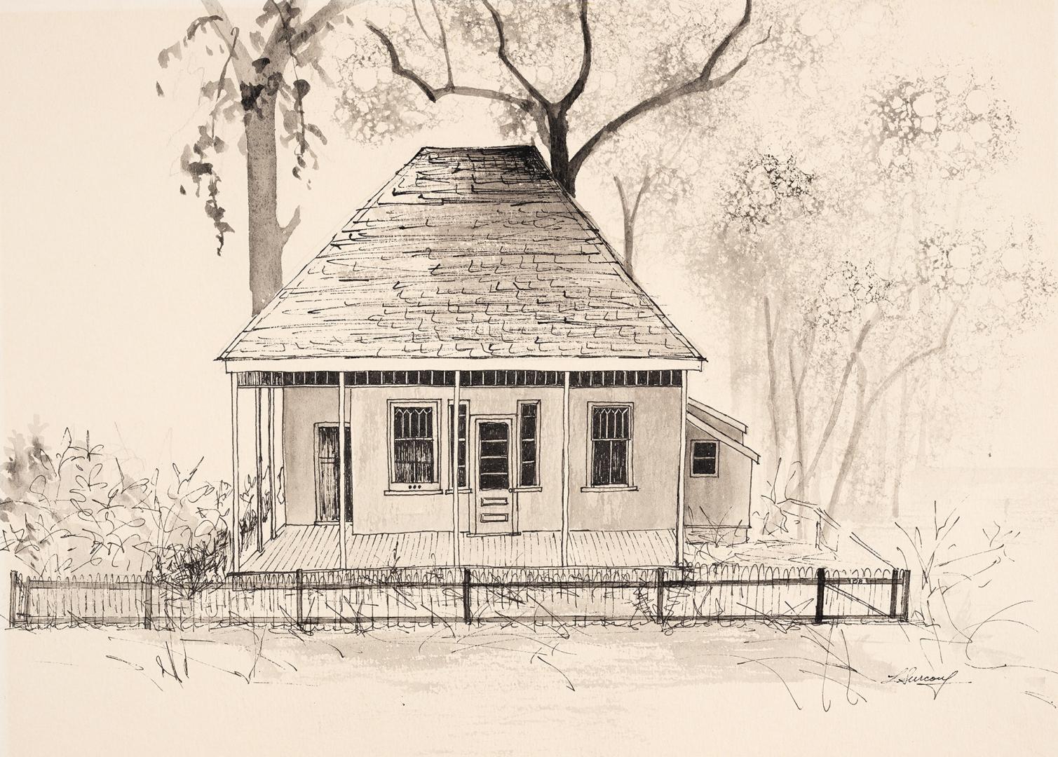 An illustration of a small, one story residential house, with a covered porch and a fence in fr…