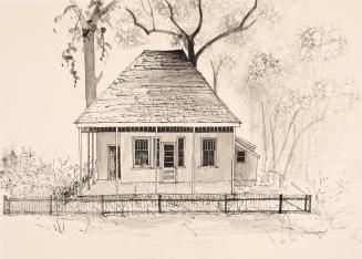 An illustration of a small, one story residential house, with a covered porch and a fence in fr ...