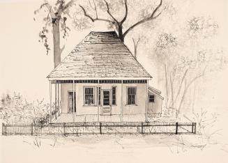 An illustration of a small, one story residential house, with a covered porch and a fence in fr…