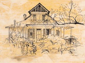 An illustration of a two story residential house, with a covered porch on the first floor and a ...