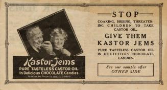 Promotional leaflet for Kastor Jems chocolate candies. Features an illustration of a father and ...