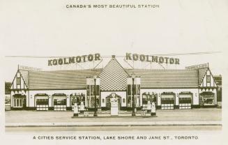 Black and white photograph of an art deco service station with six bays.