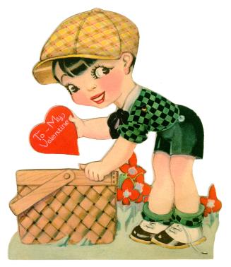 A mechanical card. A girl leans over a picnic basket as she reaches inside. Her arm is on a piv ...