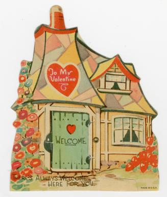 A mechanical card. The image of a house with a large green door. The word "welcome" is written  ...