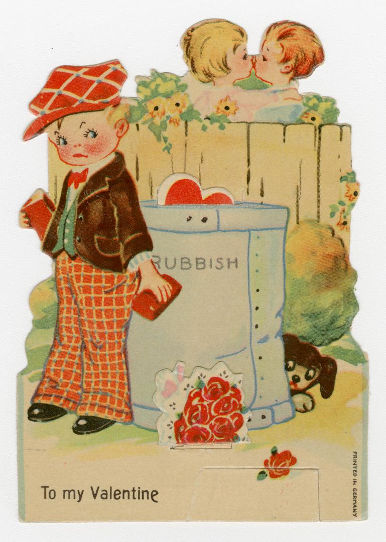 A mechanical card. A boy hides behind a garbage can with a frown on his face while a couple on  ...