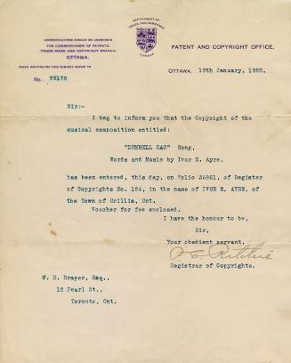 Typescript copyright notice letter regarding Ivor E. Ayre's composition "Dumbell rag".