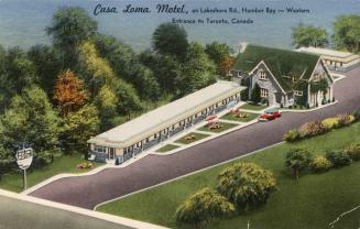 Colour postcard depicting an aerial illustrated view of a motel on the lakeshore, with caption  ...