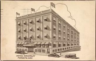 Sepia-toned postcard depicting an illustration of a hotel with cars out front and the British f ...