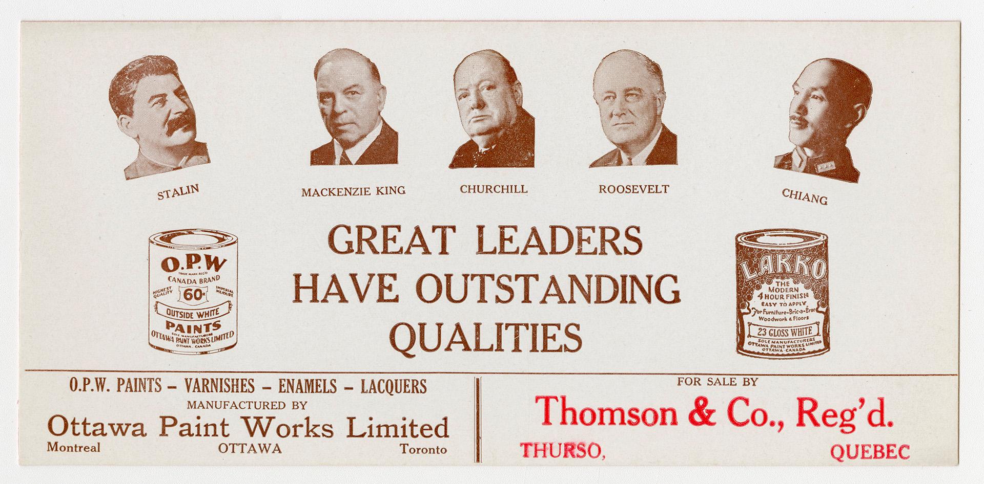 Images of Stalin, Mackenzie King, Churchill, Roosevelt and Chiang. Images of two paint cans. 