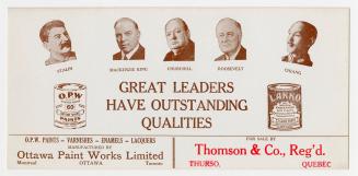 Images of Stalin, Mackenzie King, Churchill, Roosevelt and Chiang. Images of two paint cans. 