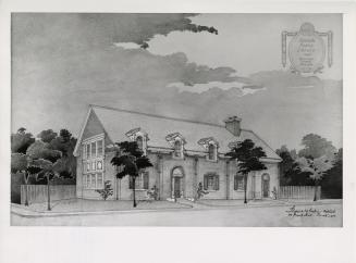 Architectural drawing of two storey library building with large bay windows at left end. 