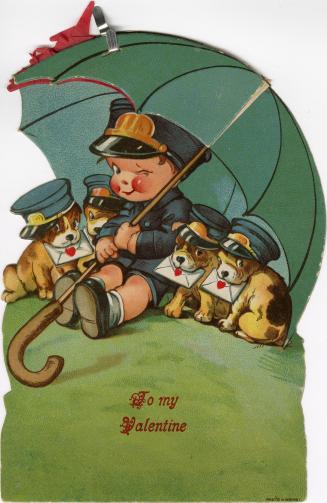 An accordion style pop-up card. A boy sits under an umbrella with four puppies. In their mouths ...
