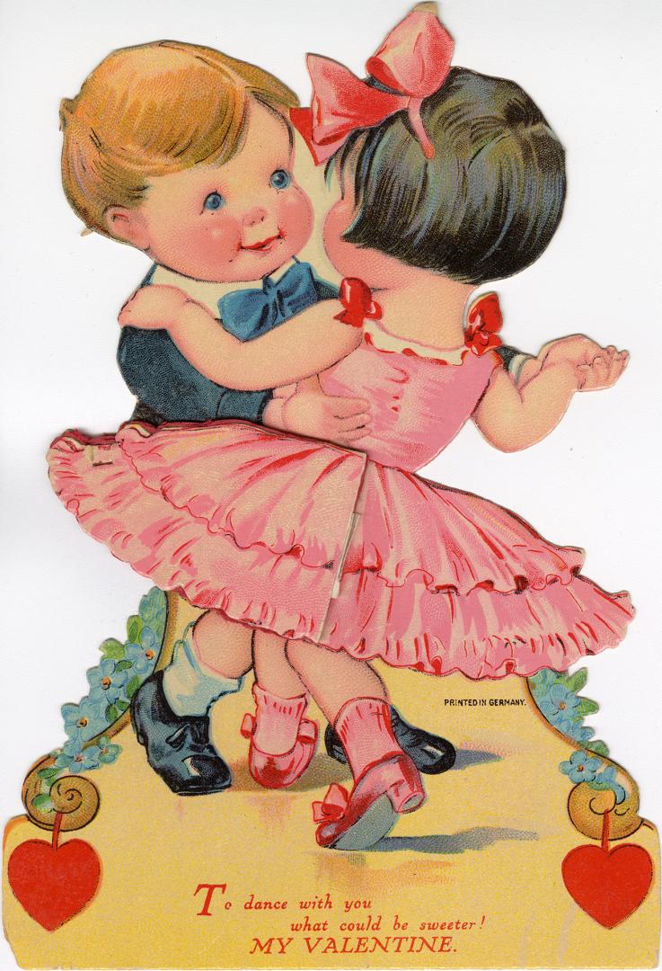An accordion style pop-up card. A boy and girl dance together. The girl wears a puffy pink dres ...