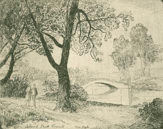 An etching of a stone bridge stretching across two islands. There are bushes and tall trees on  ...