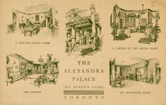 Advertisement postcard depicting a montage of illustrations in green-toned ink of The Alexandra ...