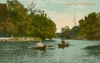 Colorized photograph of four people in two canoes on a river.