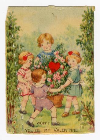 Four children hold hands to form a circle around a large potted bush of flowers. They are in a  ...