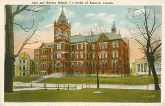 Colorized photograph of a four story collegiate building with a central tower
