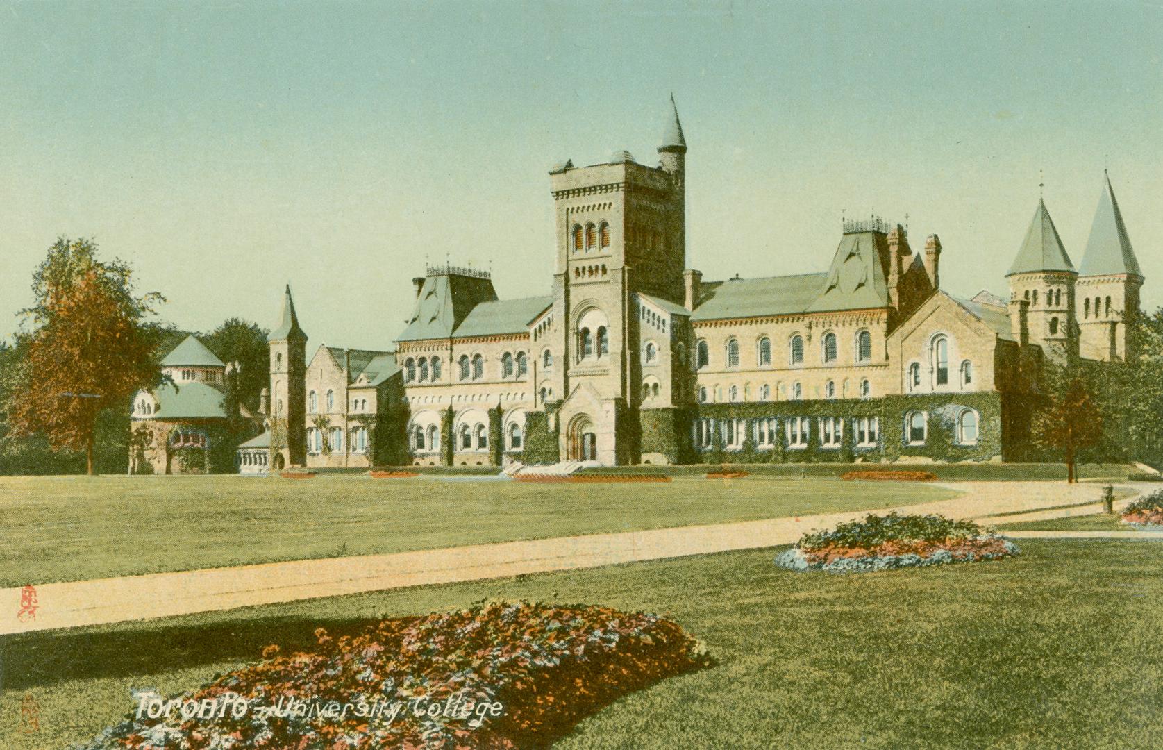 Colorized photograph of a very large stone building with many towers.