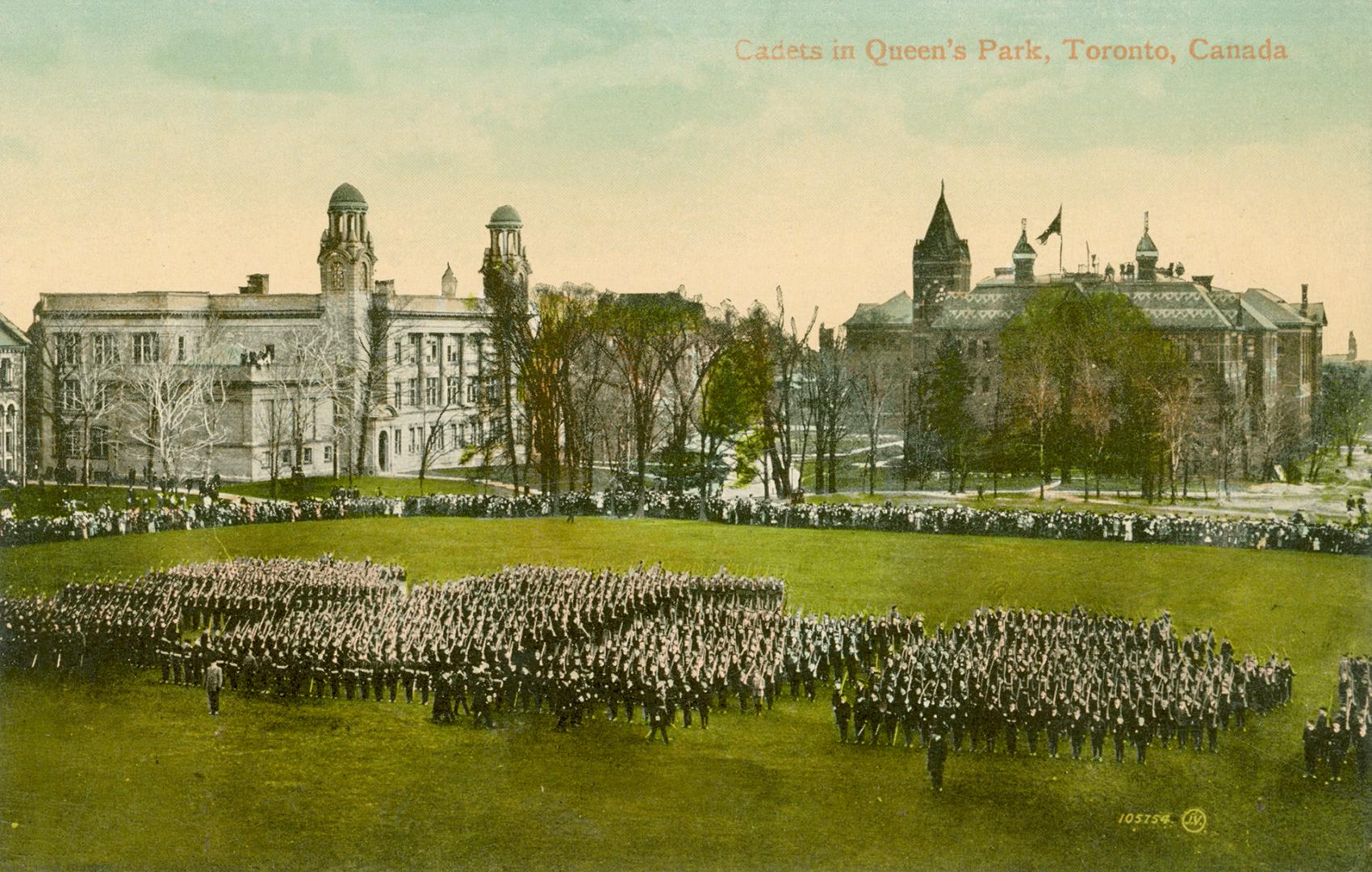 Colorized photograph of two very large buildings with groups of soldiers marching in formation  ...