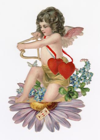 A die cut card in the image of Cupid. The cherub wears two hearts over the shoulder and aims a  ...