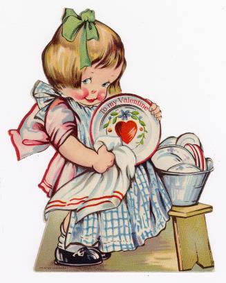 A girl wearing an apron and a bow polishes a plate with a large red heart on it.Printed in Germ ...