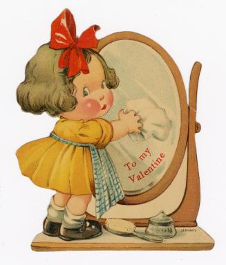 A girl in a yellow dress and apron polishes a vanity mirror.Made in Germany.