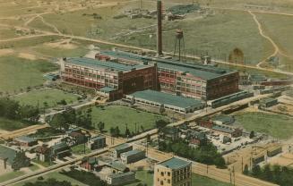 Colour postcard depicting an illustration of a large warehouse building surrounded by adjacent  ...