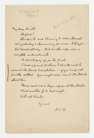 Manuscript letter in Arthur Conan Doyle's handwriting. 