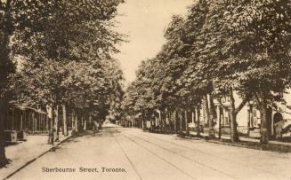 Sepia toned photograph of a tree lined street.