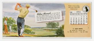 Image of a man playing a game of golf, swinging his club, with another man watching from the si…