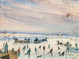 A photograph of a watercolour painting of a large number of people skating and sleighing on a b ...