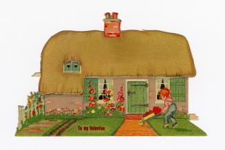 A die-cut card in the shape of a house. Flowers bloom at the front of the yard and along a whit ...