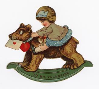 A young girl rides a rocking "horse" shaped like a dog. The dog holds a card in his mouth and w ...