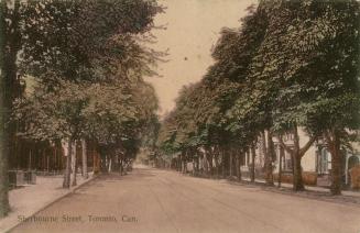 Colorized photograph of a tree lined street.