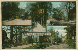 Four colorized photographs of country roads with horses, buggies and bicycles.