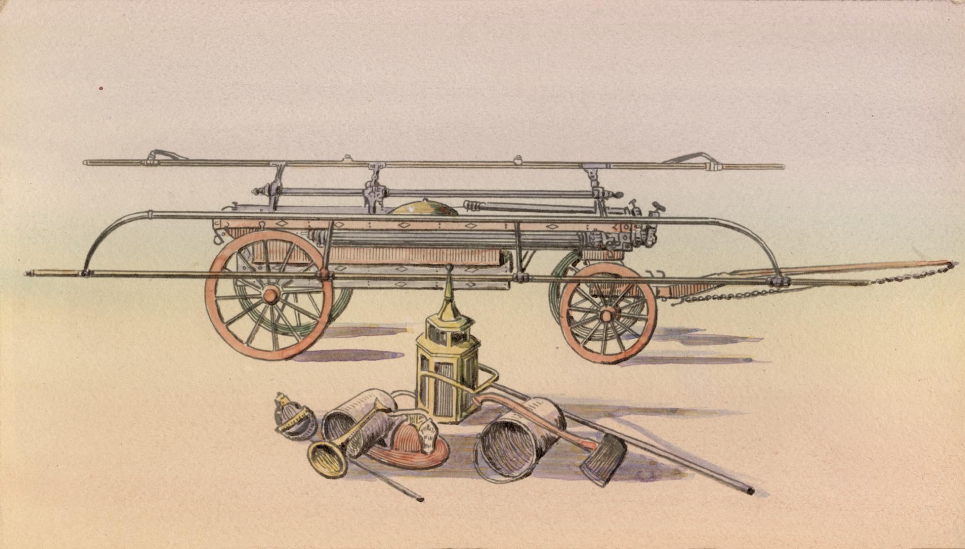 A drawing of an antique fire engine, with various firefighting tools depicted on the ground in …