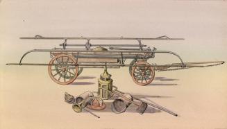 A drawing of an antique fire engine, with various firefighting tools depicted on the ground in  ...