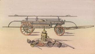 A drawing of an antique fire engine, with various firefighting tools depicted on the ground in …