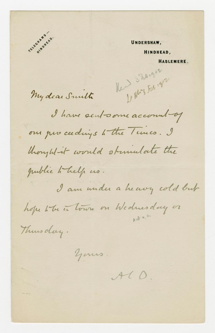 Manuscript letter in Arthur Conan Doyle's handwriting. 
